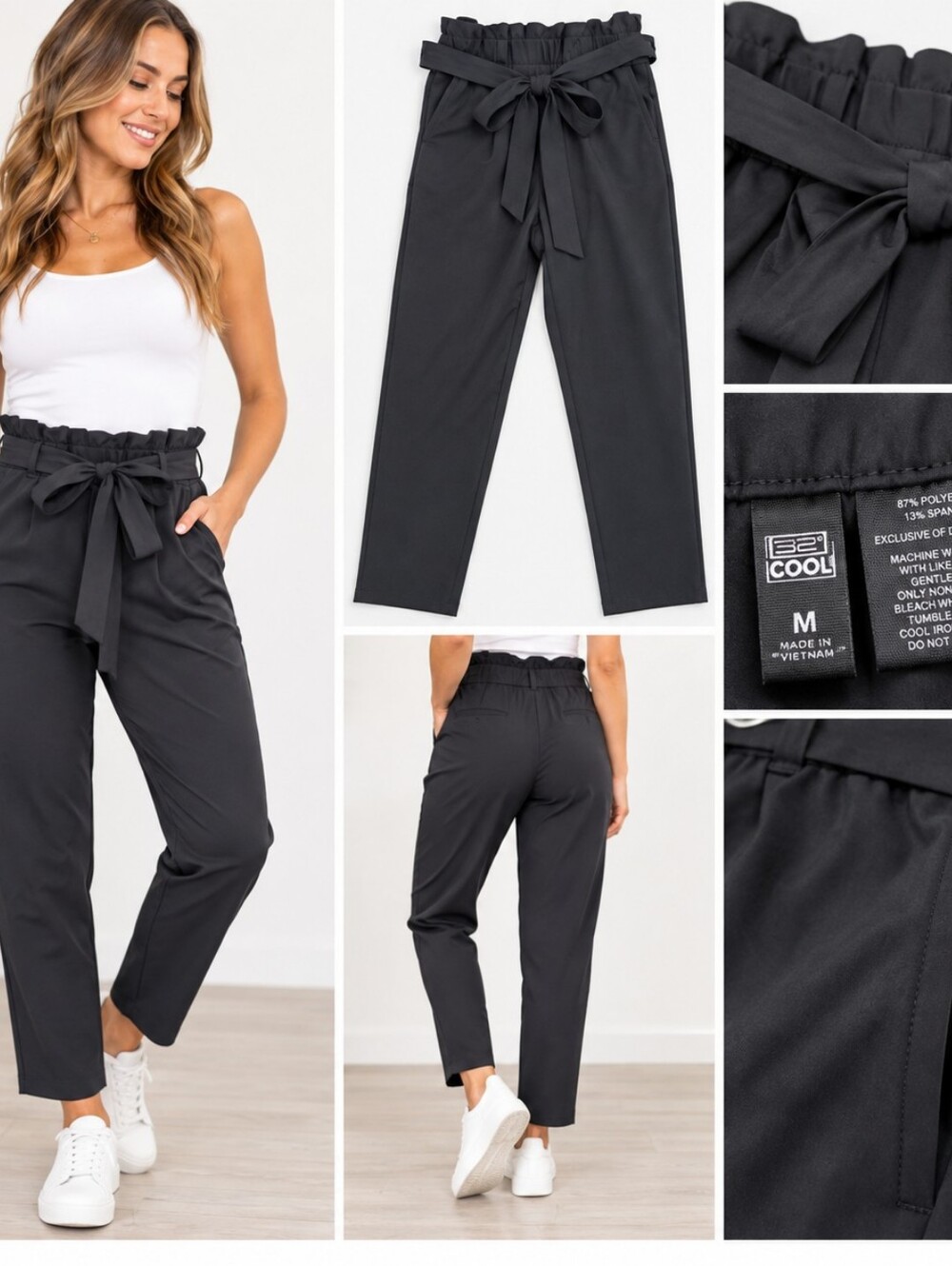 32*Cool Paperbag Tie-Waist Pants in Black